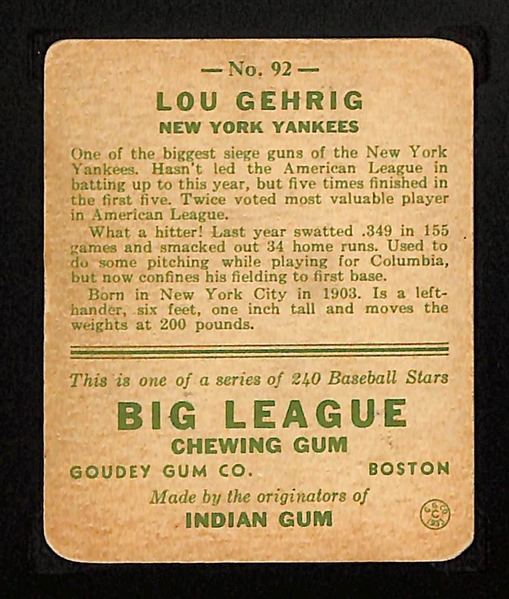 1933 Goudey Lou Gehrig #92 Graded SGC 1.5