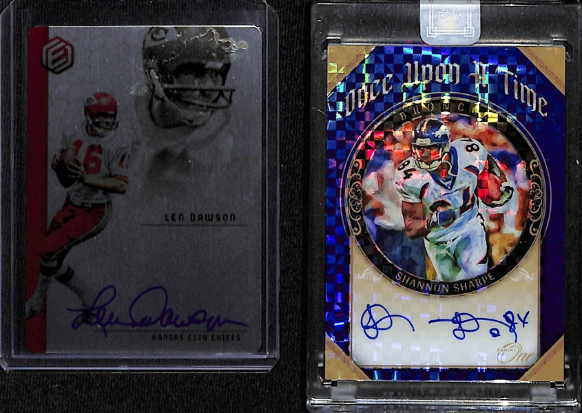 Lot of (2) Modern NFL Hall of Fame Autographed Cards w. Len Dawson /25 and Shannon Sharpe /6