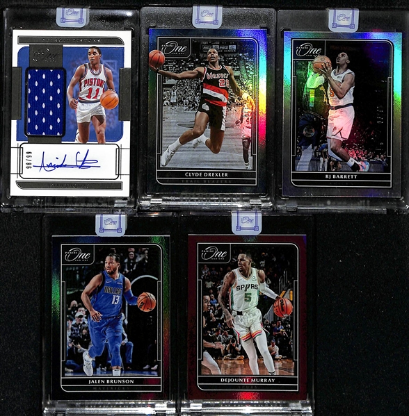 Lot of (4) 2021-22 Panini One and One Basketball Cards w. Isiah Thomas Auto Game Worn Patch #d /99 and Clyde Drexler #d 3/5