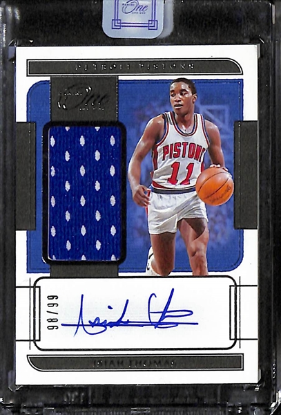 Lot of (4) 2021-22 Panini One and One Basketball Cards w. Isiah Thomas Auto Game Worn Patch #d /99 and Clyde Drexler #d 3/5