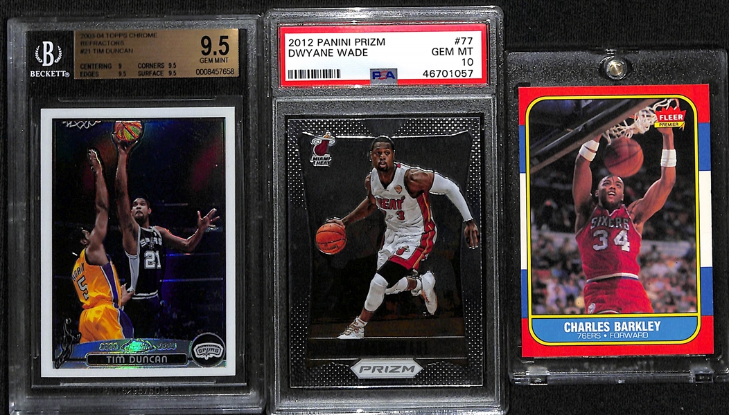 Lot of (3) NBA Stars Lot w. Tim Duncan, Dwayne Wade PSA 10, and Charles Barkley 1986 Fleer Rookie