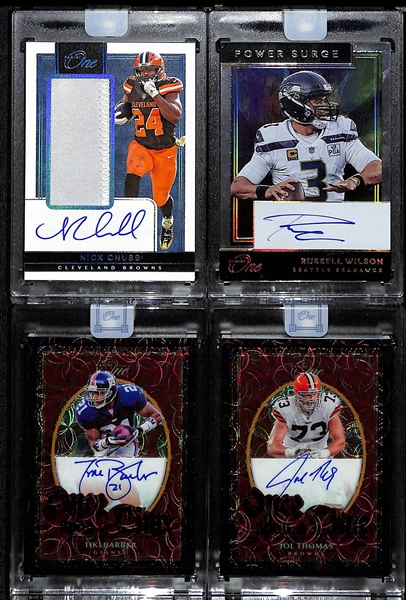 Lot of (4) Football Autograph Cards w. Nick Chubb, Russell Wilson, Tiki Barber, & Joe Thomas