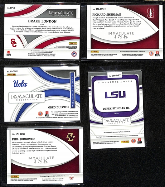 Lot of (5) 2022 Panini Immaculate Autograph Cards w. Drake London Rookie Patch Auto and Autographs of Richard Sherman, Greg Dulcich, Stingley, +