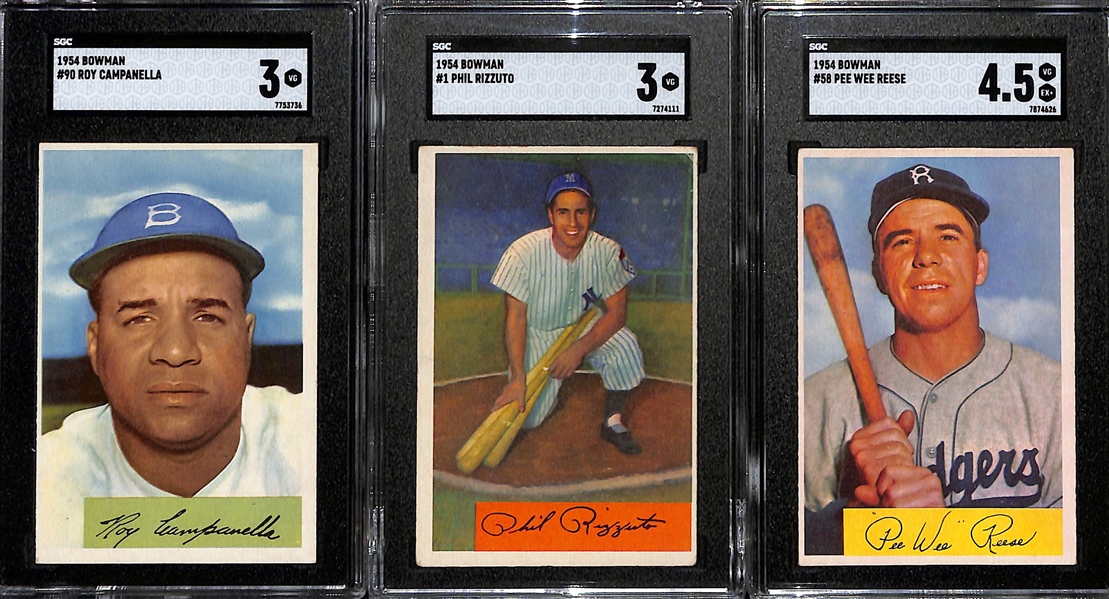 (3) 1954 Bowman Cards - Roy Campanella #90 (SGC 3) & Phil Rizzuto #1 (SGC 3), Pee Wee Reese #58 (SGC 4.5)