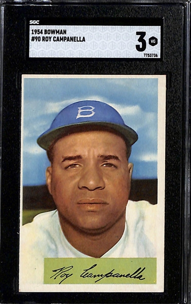 (3) 1954 Bowman Cards - Roy Campanella #90 (SGC 3) & Phil Rizzuto #1 (SGC 3), Pee Wee Reese #58 (SGC 4.5)