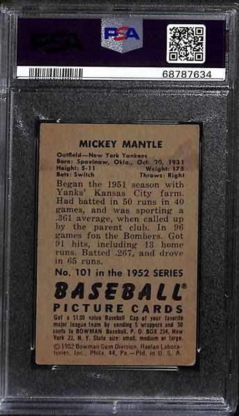 1952 Bowman Mickey Mantle #101 Graded PSA 3.5