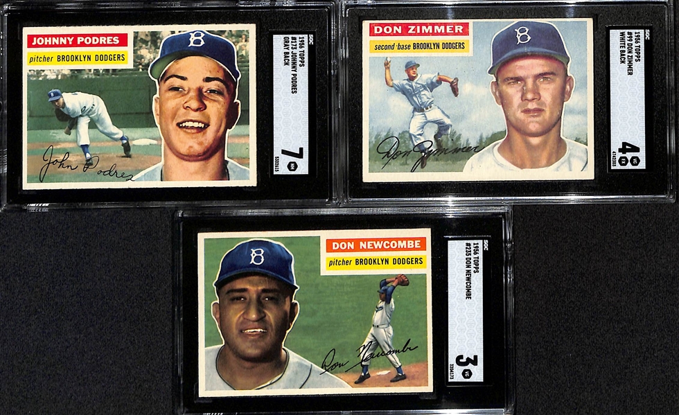 (3) Dodgers Graded 1956 Topps - Podres SGC 7, Zimmer SGC 4, & Newcombe SGC 3