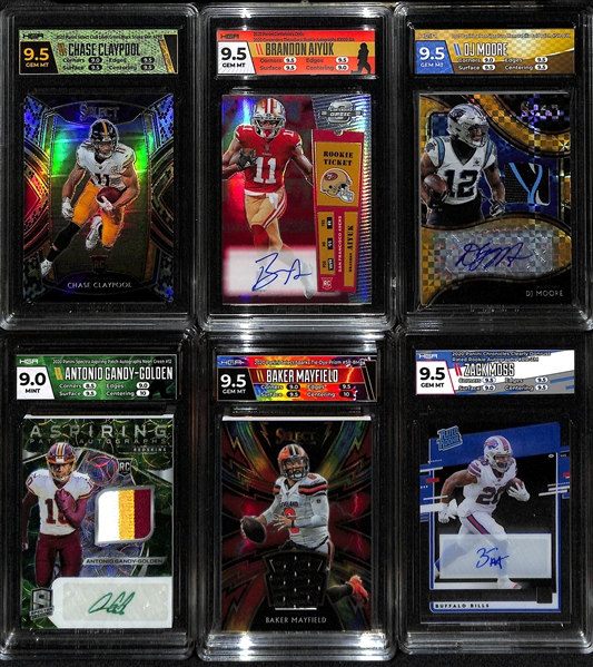 Lot of (6) Football Rookie, Autograph & Jersey Cards w. Aiyuk Optic Contenders Auto #/25 & Select DJ Moore Gold Auto Patch #/10