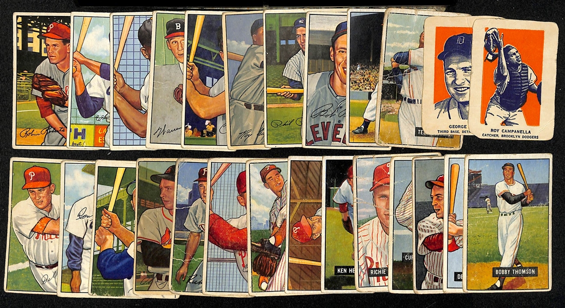 Lot of (10) 1951 Bowman, (14) 1952 Bowman, & (2) 1952 Wheaties Baseball Cards w. 1951 Bowman Ted Williams (F-GD)