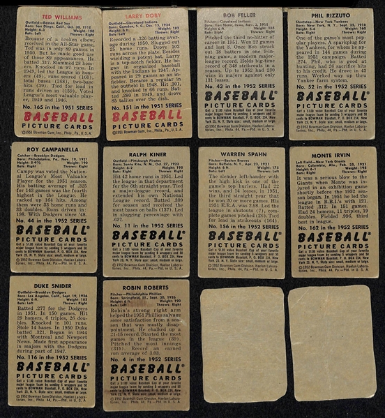 Lot of (10) 1951 Bowman, (14) 1952 Bowman, & (2) 1952 Wheaties Baseball Cards w. 1951 Bowman Ted Williams (F-GD)