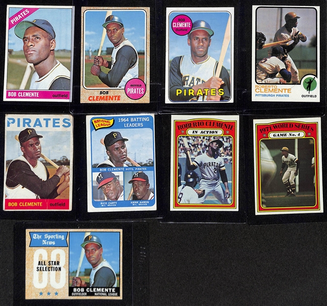 Lot of (9) Topps Roberto Clemente Baseball Cards w. 1966 Topps #300