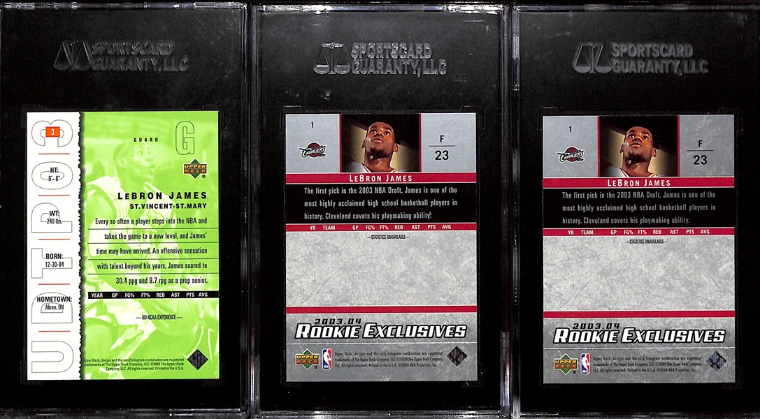 Lot of (3) Graded LeBron James Rookie Cards w. (2) 2003-04 UD Exclusives #1 SGC 9 Mint