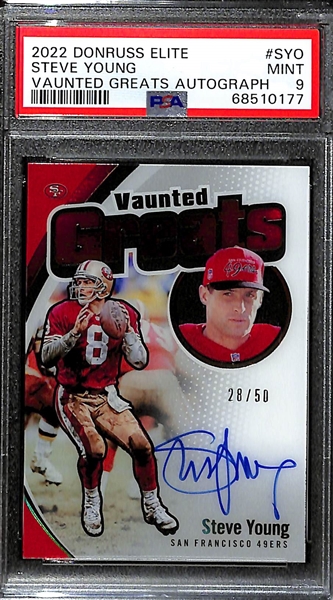 Lot of (3) Football PSA 9 Graded Cards w. Steve Young Auto #d/50, John Elway Zebra Prizm, and Peyton Manning Rookie