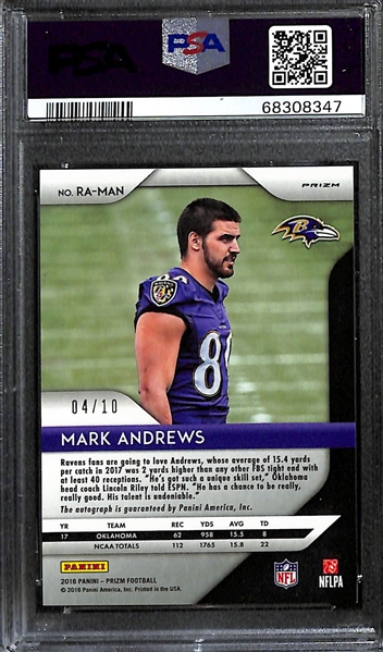 2018 Panini Prizm #MAN Mark Andrews Rookie Auto Gold #d 4/10 Graded PSA 9