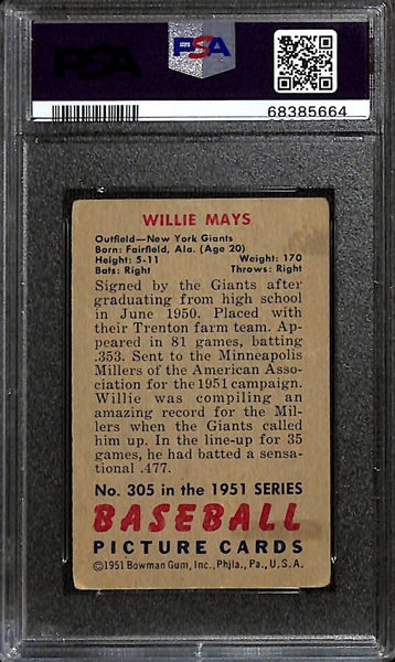 1951 Bowman Willie Mays #305 Rookie Card Graded PSA 2 