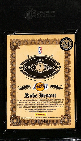 2010-11 Panini Gold Standard Kobe Bryant Autographed Jersey Relic Card #8/49 SGC 8 (10 Auto Grade)