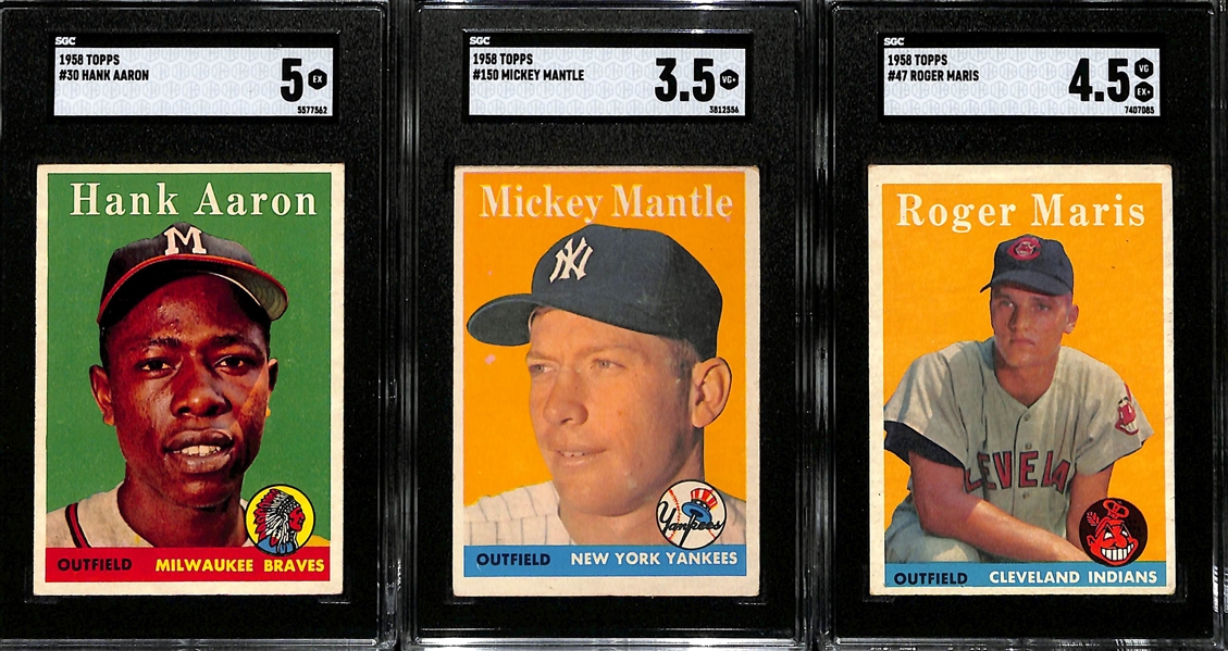 1958 Topps Baseball Complete Set w. 3 Graded - Roger Maris Rookie (SGC 4.5), Hank Aaron (SGC 5), Mickey Mantle (SGC 3.5)