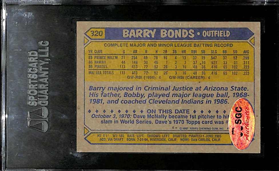 Signed 1987 Topps Barry Bonds #320 Rookie (SGC Authenticated)