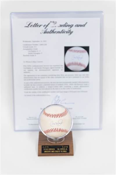 RARE Cal Ripken Jr. & Sachio Kinugasa (Japan's Iron Man) Dual Signed Baseball - PSA/DNA Graded 8.5