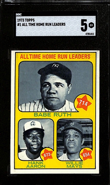 Graded #1 Cards from 1973, 1974, & 1975 Topps (SGC 5, SGC 6, SGC 6, Respectively) w. Babe Ruth, Hank Aaron, Willie Mays