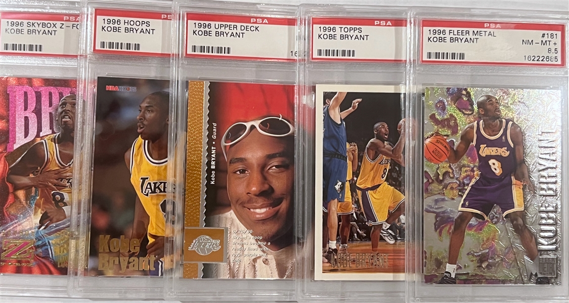 Lot of (5) 1996 Kobe Bryant Rookie Cards -  Topps/Fleer Metal/Upper Deck/Hoops/Skybox - All PSA 8