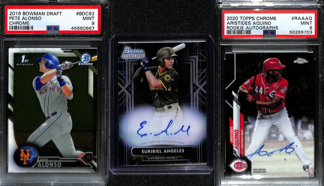 Lot of (6) Modern Baseball Cards w. Pete Alonso Topps Chrome RC Pink Refractor Graded PSA 10, and (4) Autographs w. Biggio and Murphy
