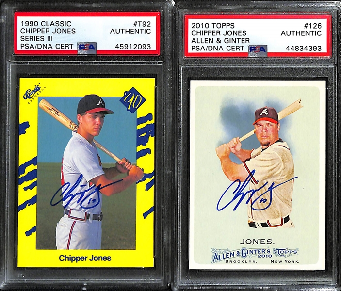 Lot of (5) PSA/DNA Graded Autographed Cards w. Chipper Jones, Pete Rose, and Jean Beliveau