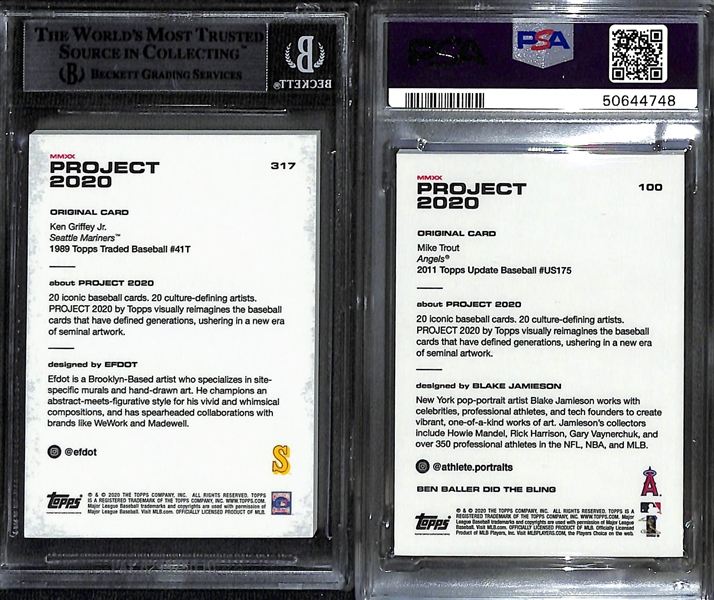 Lot of (2) Topps Project 2020 w. Ken Griffey Jr Autograph Beckett Certified, and Mike Trout PSA 9