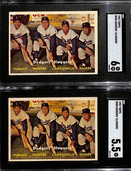 (2) 1957 Topps Dodgers Sluggers Graded Cards (Graded SGC 6 and SGC 5.5) w. Snider, Campanella, Hodges, Furillo