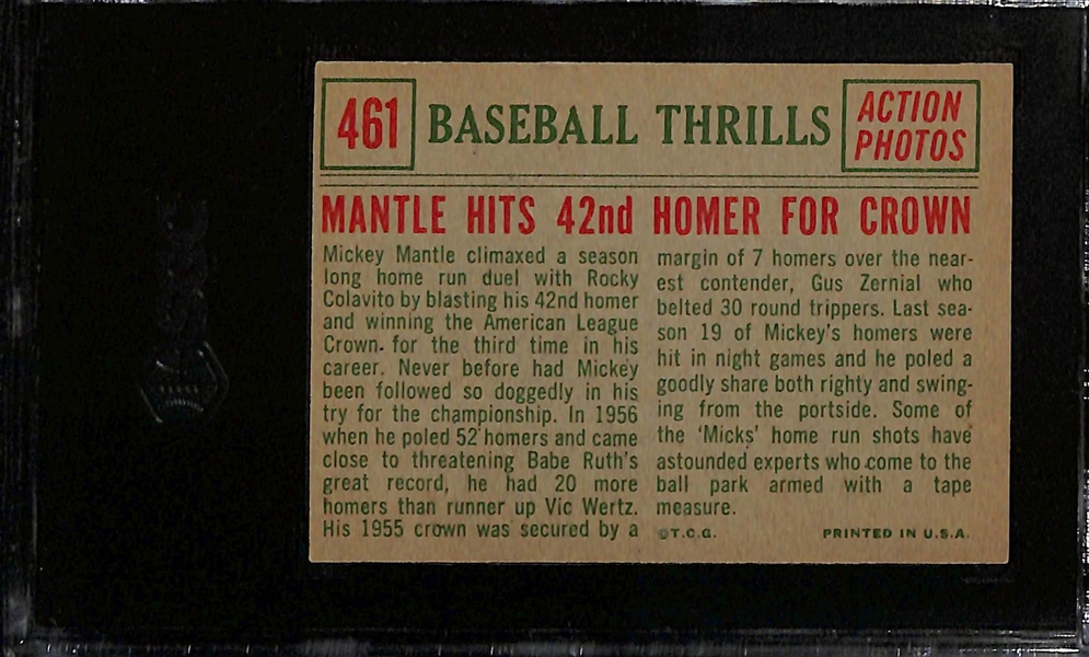 1959 Topps Baseball Thrills Mickey Mantle Hits 42nd Homer for Crown Graded SGC 5
