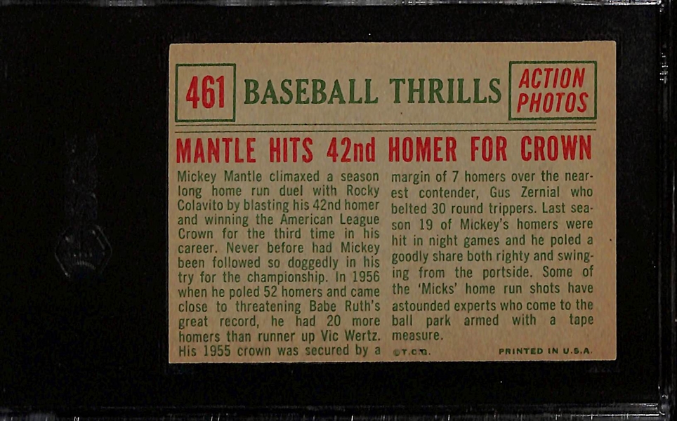 1959 Topps Baseball Thrills Mickey Mantle Hits 42nd Homer for Crown Graded SGC 5.5