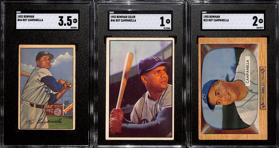 3-Card Roy Campanella Lot 1952 Bowman (SGC 3.5), 1953 Bowman Color (SGC 1), 1955 Bowman (SGC 2)