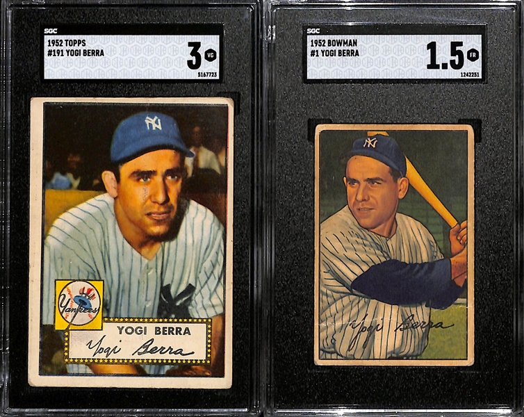 Yogi Berra Graded Lot - 1952 Topps #191 SGC 3, 1952 Bowman #1 SGC 1.5