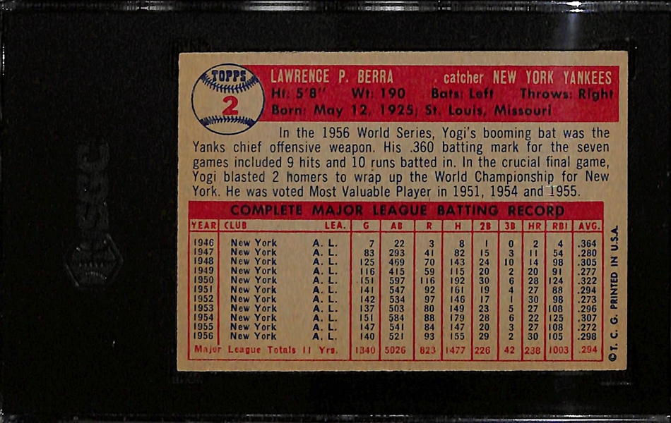 1957 Topps Yogi Berra #2 Graded SGC 6