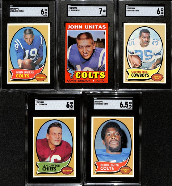 Graded Football Card Lot w. 1970 Unitas (SGC 6), 1971 Unitas (SGC 7), 1970 Hill (6), 1970 Dawson (SGC 6), B. Smith (SGC 6.5)