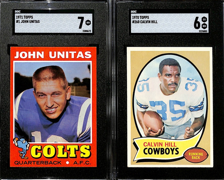 Graded Football Card Lot w. 1970 Unitas (SGC 6), 1971 Unitas (SGC 7), 1970 Hill (6), 1970 Dawson (SGC 6), B. Smith (SGC 6.5)