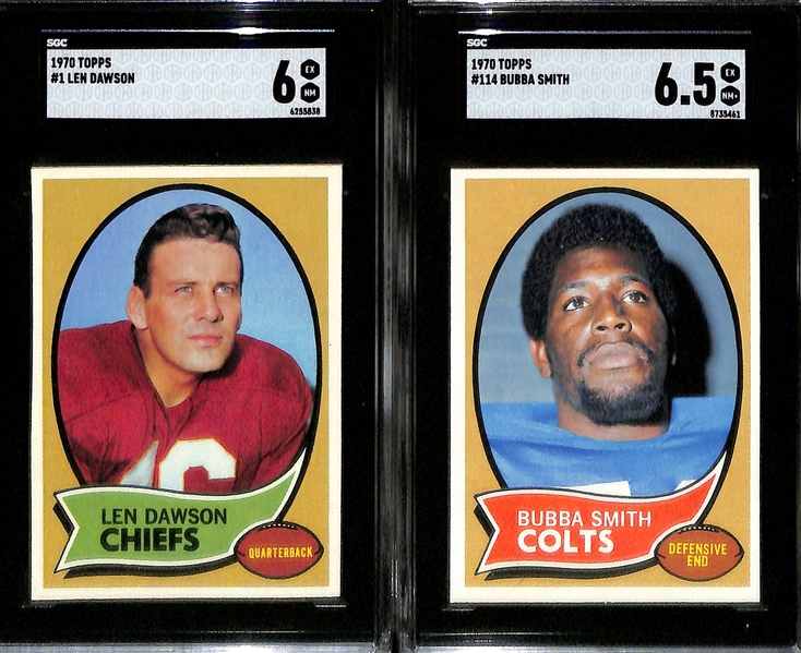 Graded Football Card Lot w. 1970 Unitas (SGC 6), 1971 Unitas (SGC 7), 1970 Hill (6), 1970 Dawson (SGC 6), B. Smith (SGC 6.5)