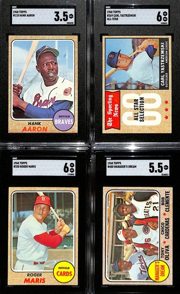 (4) 1968 Topps Cards - Hank Aaron (SGC 3.5), Yaz All-Star (SGC 6), Maris (SGC 6), Manager's Dream (SGC 5.5)