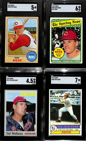 4 Graded Cards - 1968 Pete Rose (SGC 5), 1969 Rose AS (6), 1970 Ted Williams (SGC 4.5), 1979 Rose (SGC 7) 