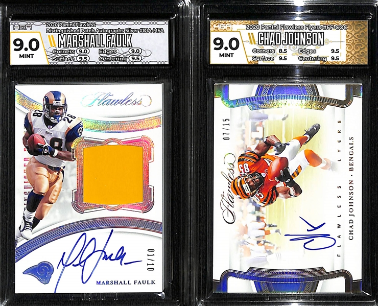 Lot of (2) 2020 Flawless Football Autographs Graded HGA 9 w. Marshall Faulk and Chad Johnson