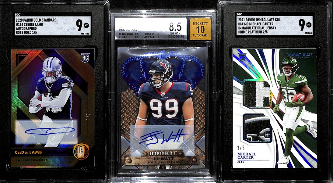 Lot of (3) Graded NFL Rookies w. Ceedee Lamb and JJ Watt Autographs 