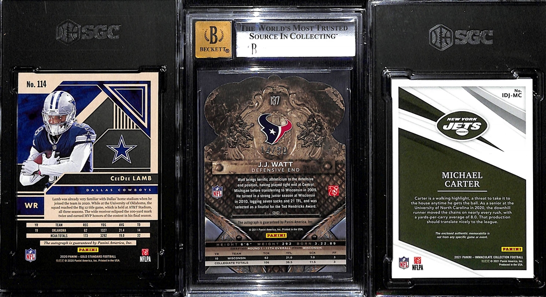 Lot of (3) Graded NFL Rookies w. Ceedee Lamb and JJ Watt Autographs 