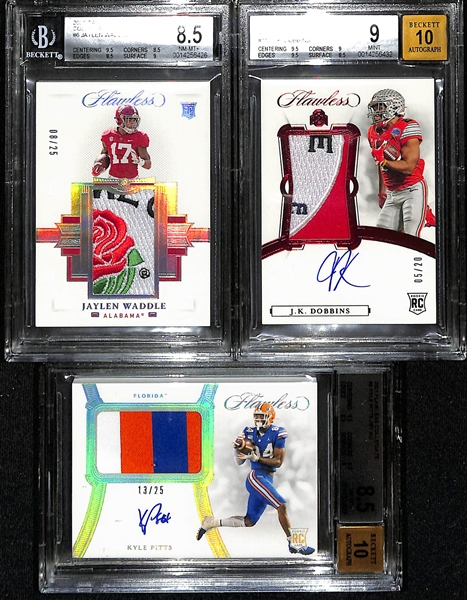 Lot of (3) BGS Graded Flawless Collegiate Rookie Patch Autographs w. Waddle, Pitts and Dobbins