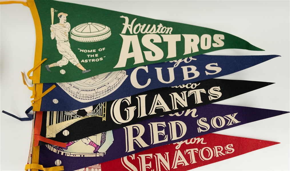 Lot of (5) 1960s Vintage Baseball Felt Pennants w. Houston Astros