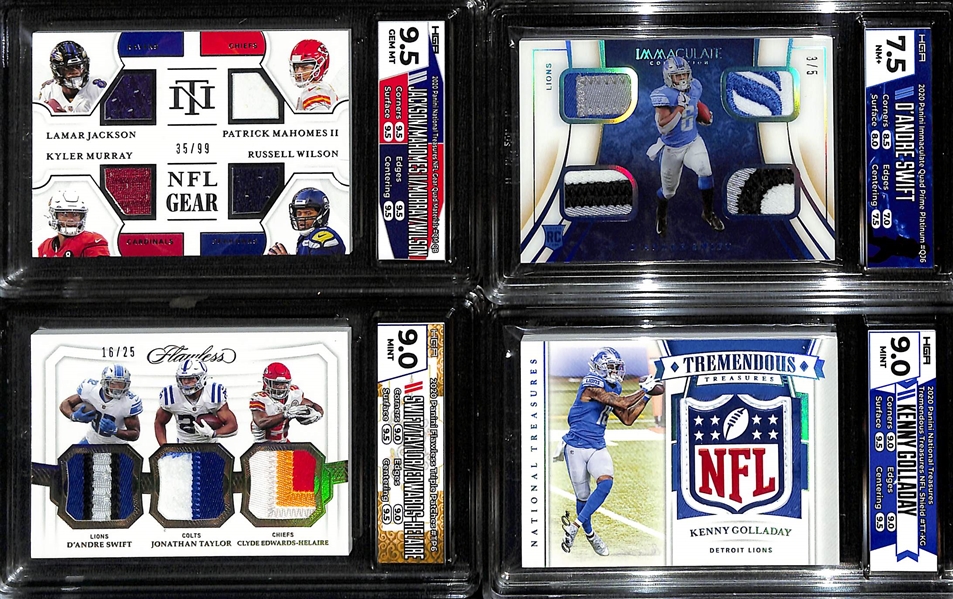 Lot of (4) HGA Graded Patch Cards from 2020 Football Including National Treasures Quad Materials Mahomes/Jackson/Wilson/Murray HGA 9.5