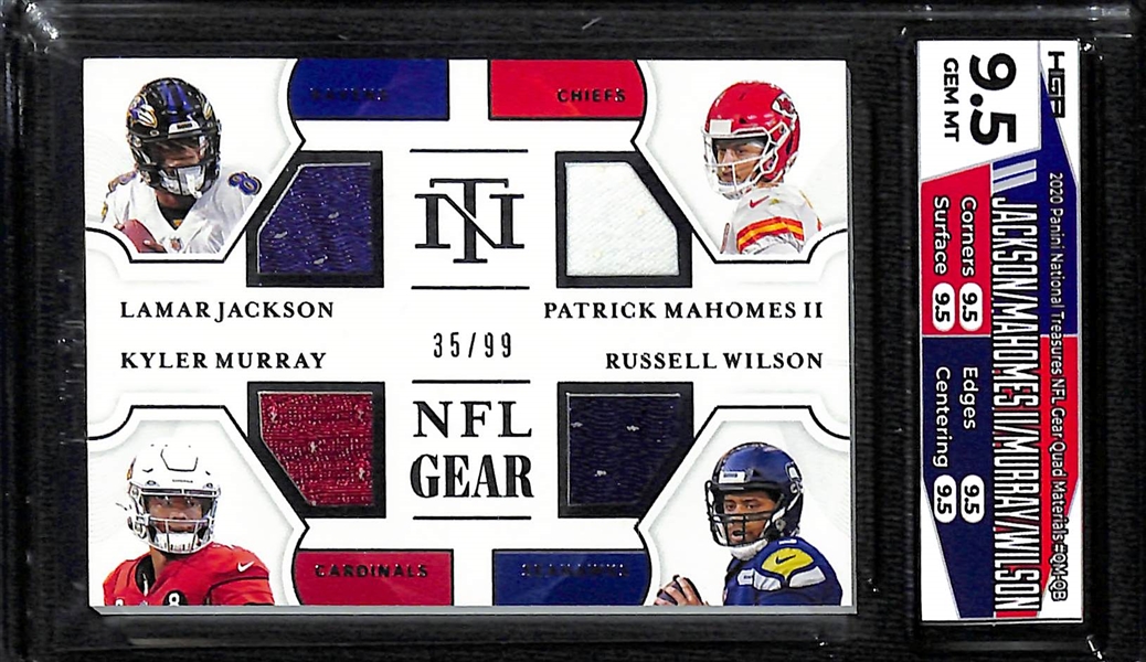Lot of (4) HGA Graded Patch Cards from 2020 Football Including National Treasures Quad Materials Mahomes/Jackson/Wilson/Murray HGA 9.5