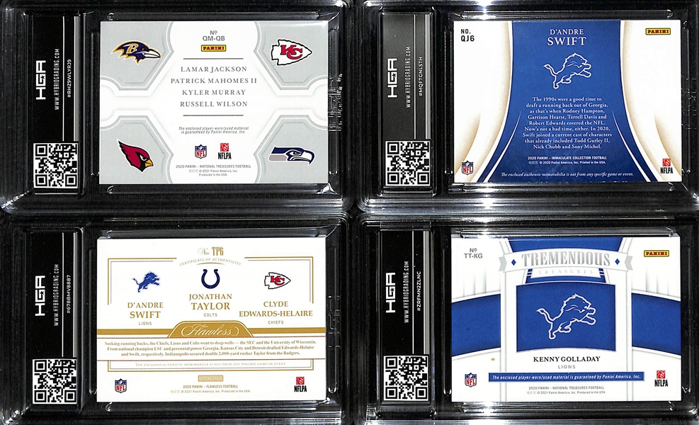 Lot of (4) HGA Graded Patch Cards from 2020 Football Including National Treasures Quad Materials Mahomes/Jackson/Wilson/Murray HGA 9.5