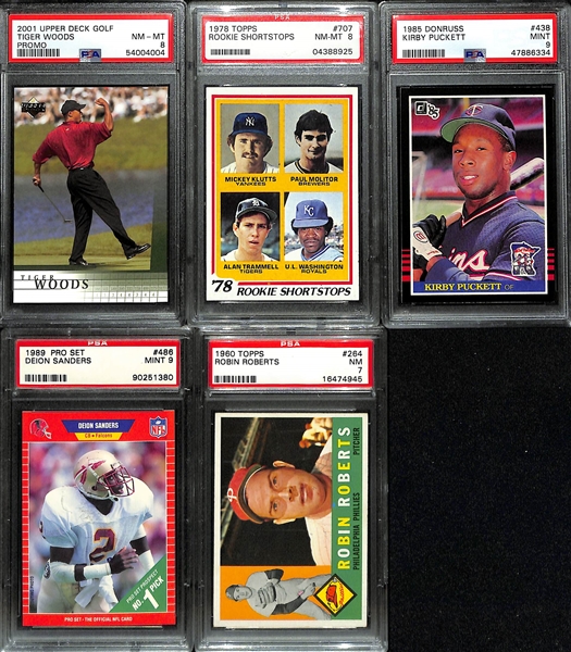 Lot of (5) PSA Graded Mixed Sports Mostly Rookie Lot w. Tiger Woods, Paul Molitor, Kirby Puckett and Others