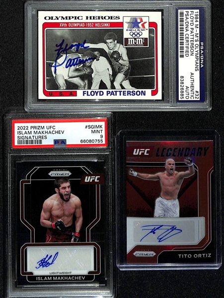 Lot of (3) MMA/Boxing Autographed Cards w. Floyd Patterson, Tito Ortiz and Islam Makhachev