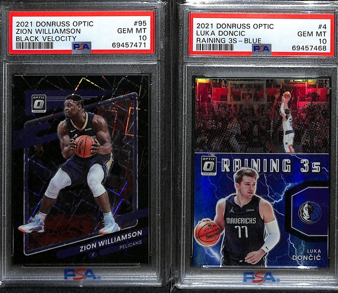 Lot of (2) 2021 Donruss Optic PSA 10s w. Zion Williams # 95 Black Velocity #d 20/39 & Luka Doncic Raining 3s Blue #d 30/49